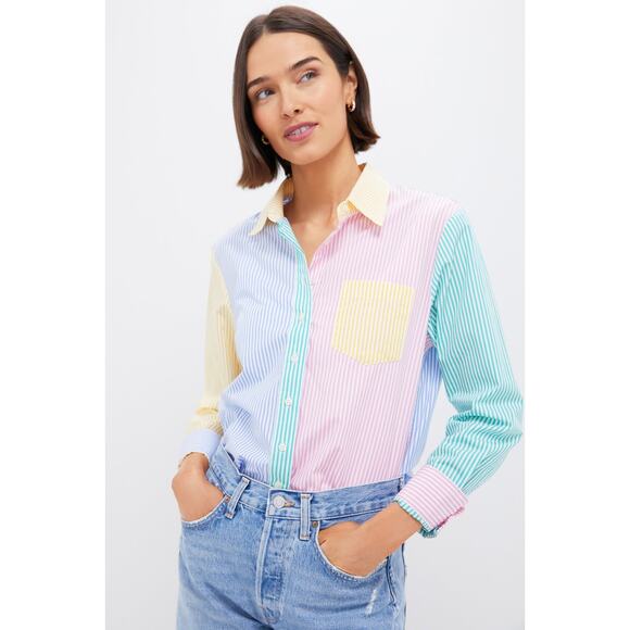 THE SHIRT BY ROCHELLE BEHRENS Bright Multi Stripe Boyfriend Shirt Size S NWT - Picture 1 of 8